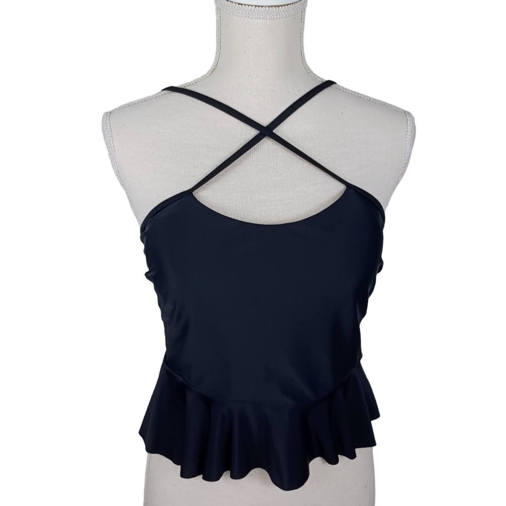 Criss Cross Ruffle Bikini Top Large Black Cut Out Back **TOP ONLY*